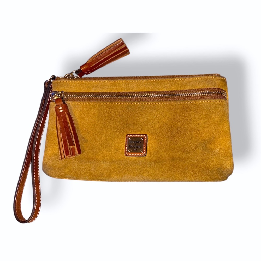 Dooney & Bourke Wristlet 9x5.5 Mustard Suede Leather Tassel Zip Clutch